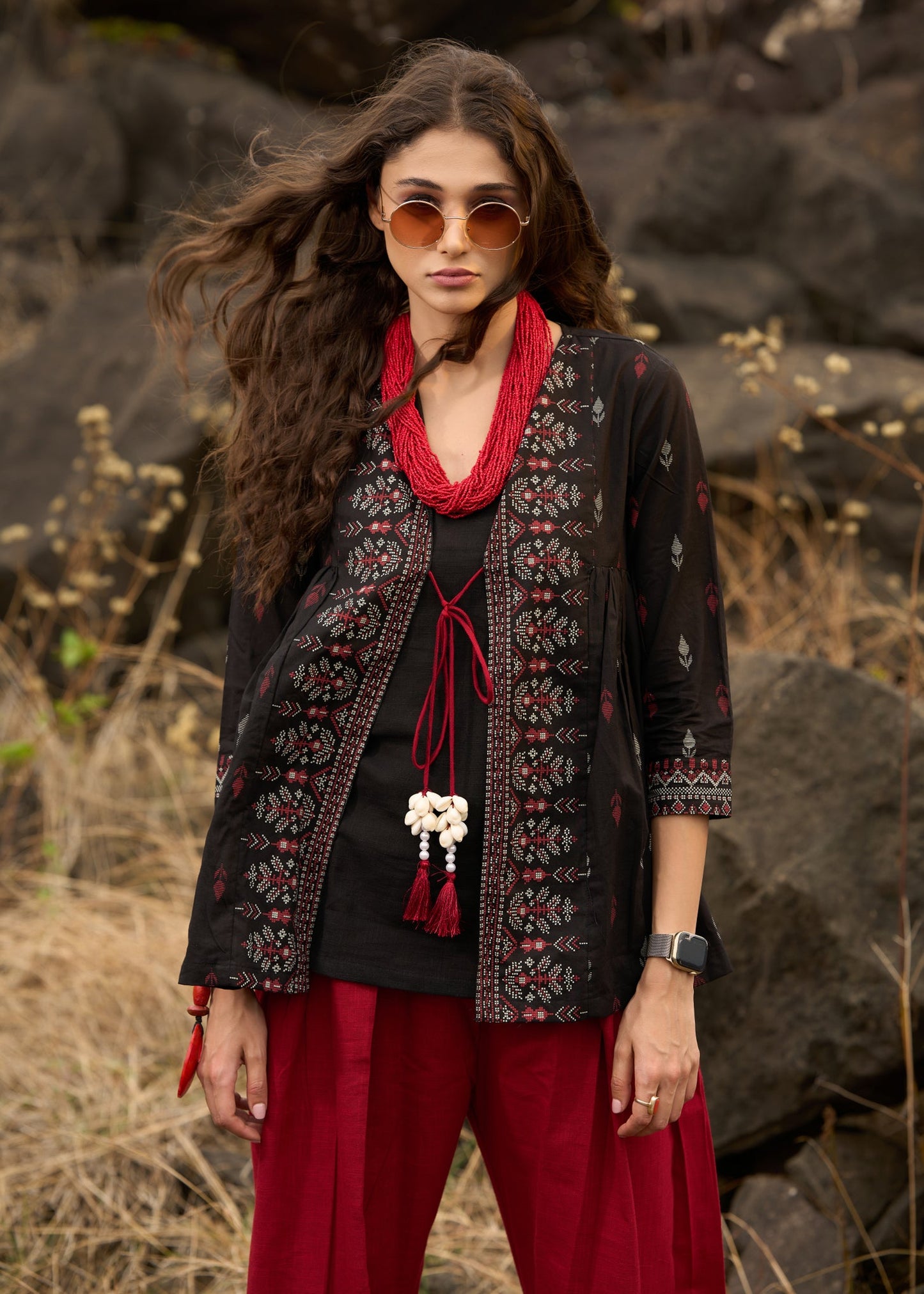 Block printed boho top with front tie-ups - Pant optional