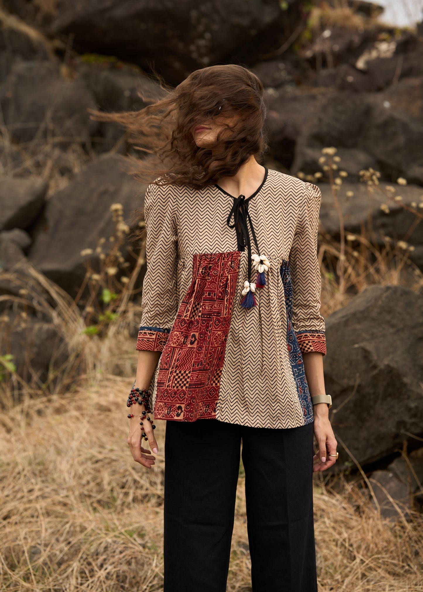 Ajrakh mix & match zig-zag pattern top with front tie-ups - Pant Optional