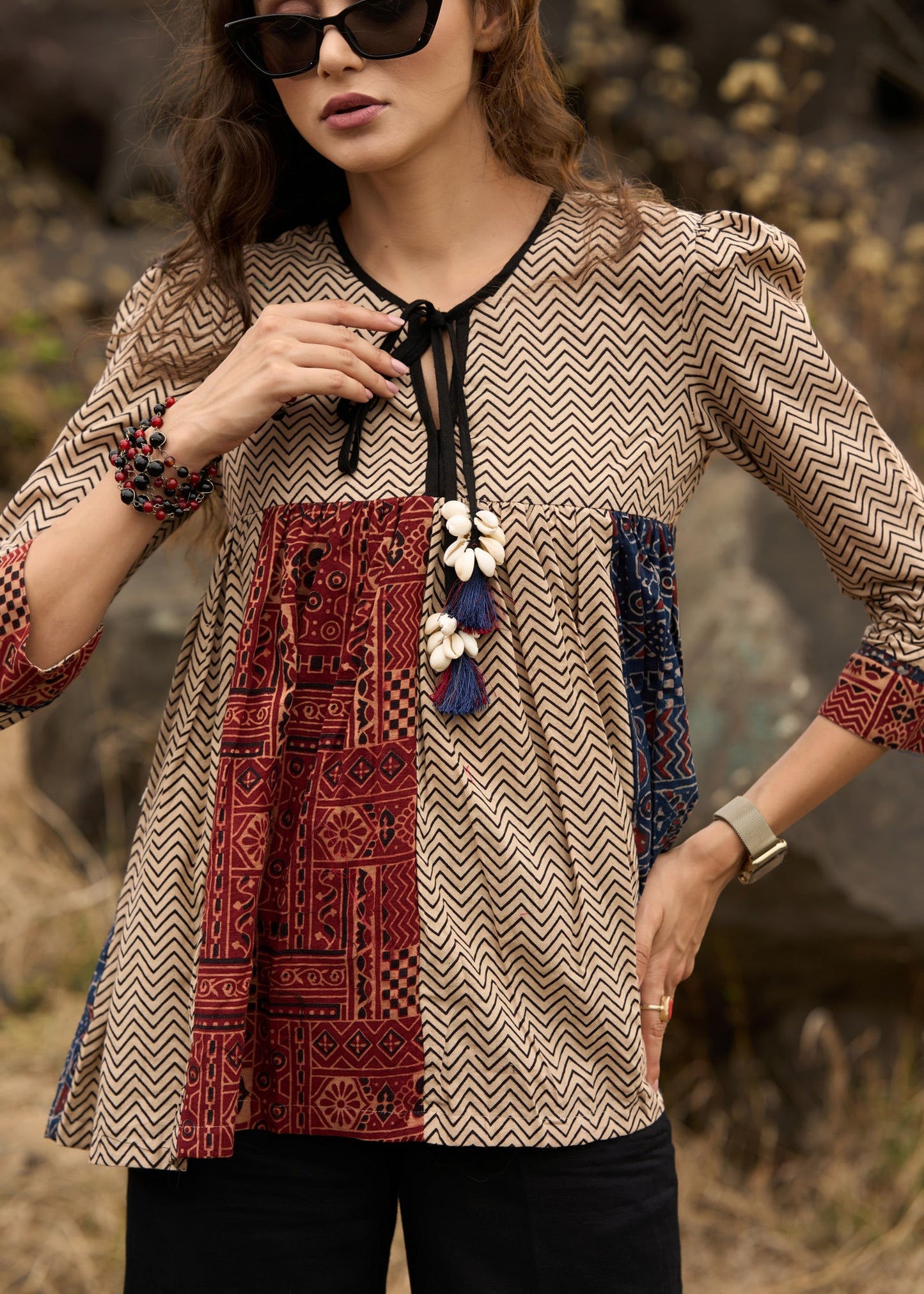 Ajrakh mix & match zig-zag pattern top with front tie-ups - Pant Optional