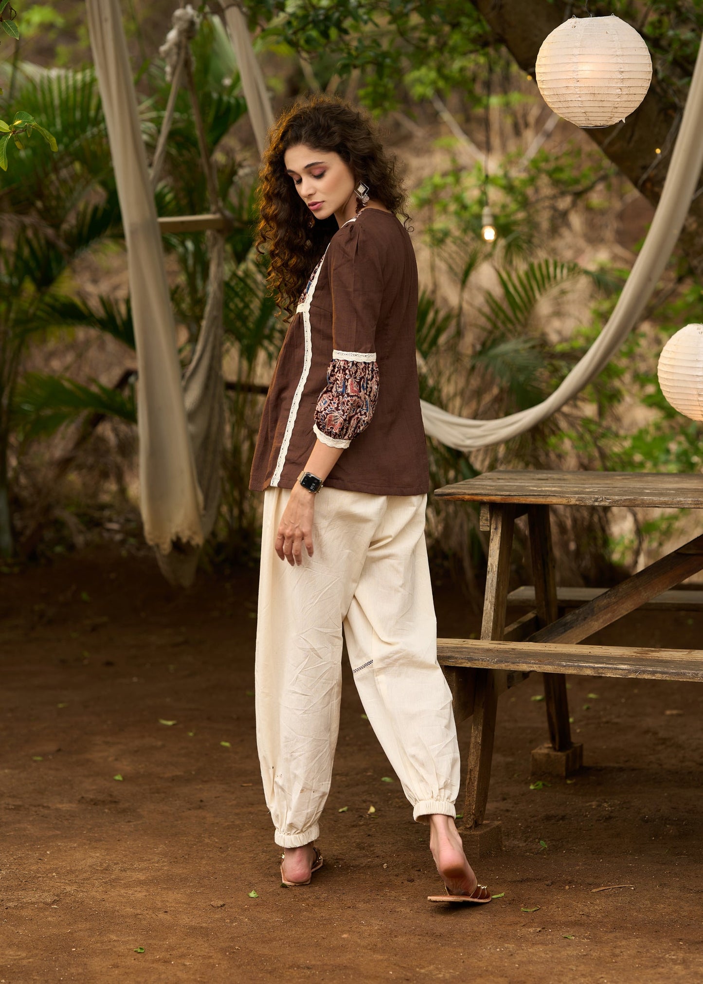 Brown kalamkari top with beautiful lacework - Pant Optional