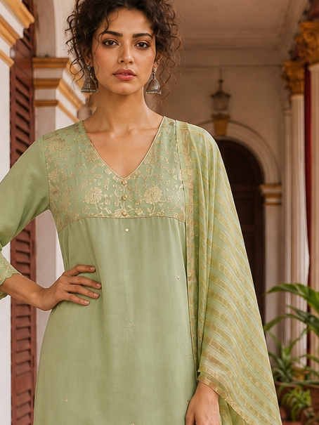 Elegant pista Green Kurta with Golden Floral brocade Yoke, appliqué Sleeve hem