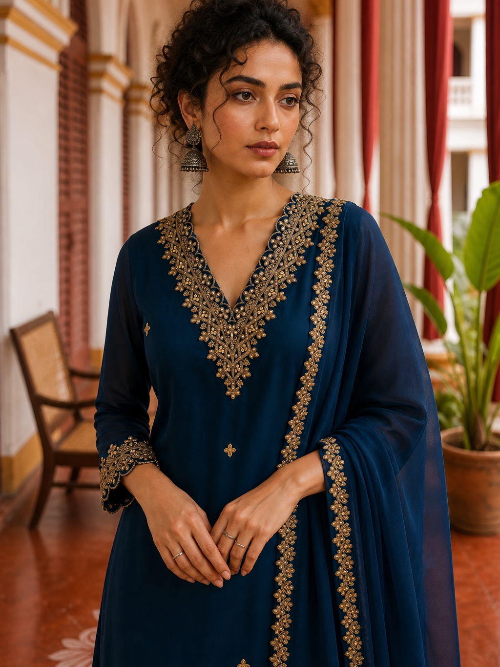 Elegant Teal Blue Georgette Kurta with Heavy Gold embroidered border V-Neck Yoke & Matching Sleeve Cuffs