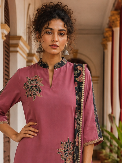 Elegant Pink Georgette Kurta with Floral Applique Motifs and Contrast Black Printed Collar & Dupatta