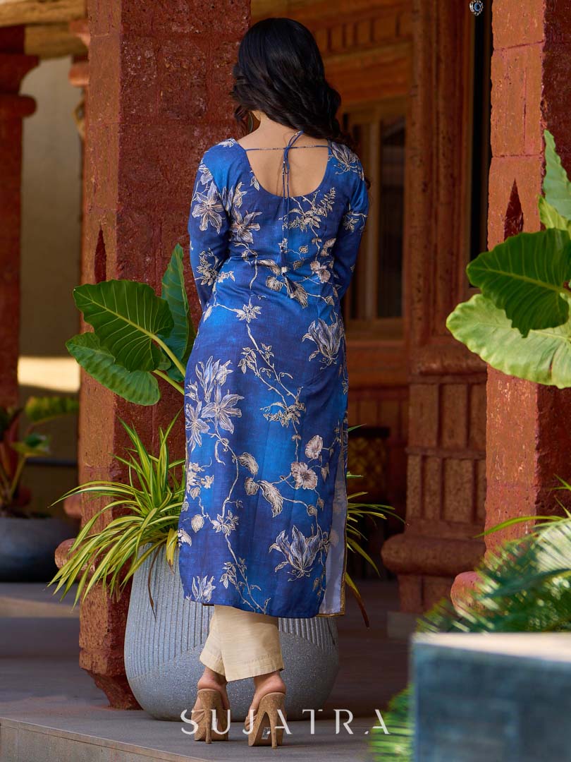 Statement royal blue printed kurta elevated with a sculpted scallop neck panel and shimmering sequins handwork