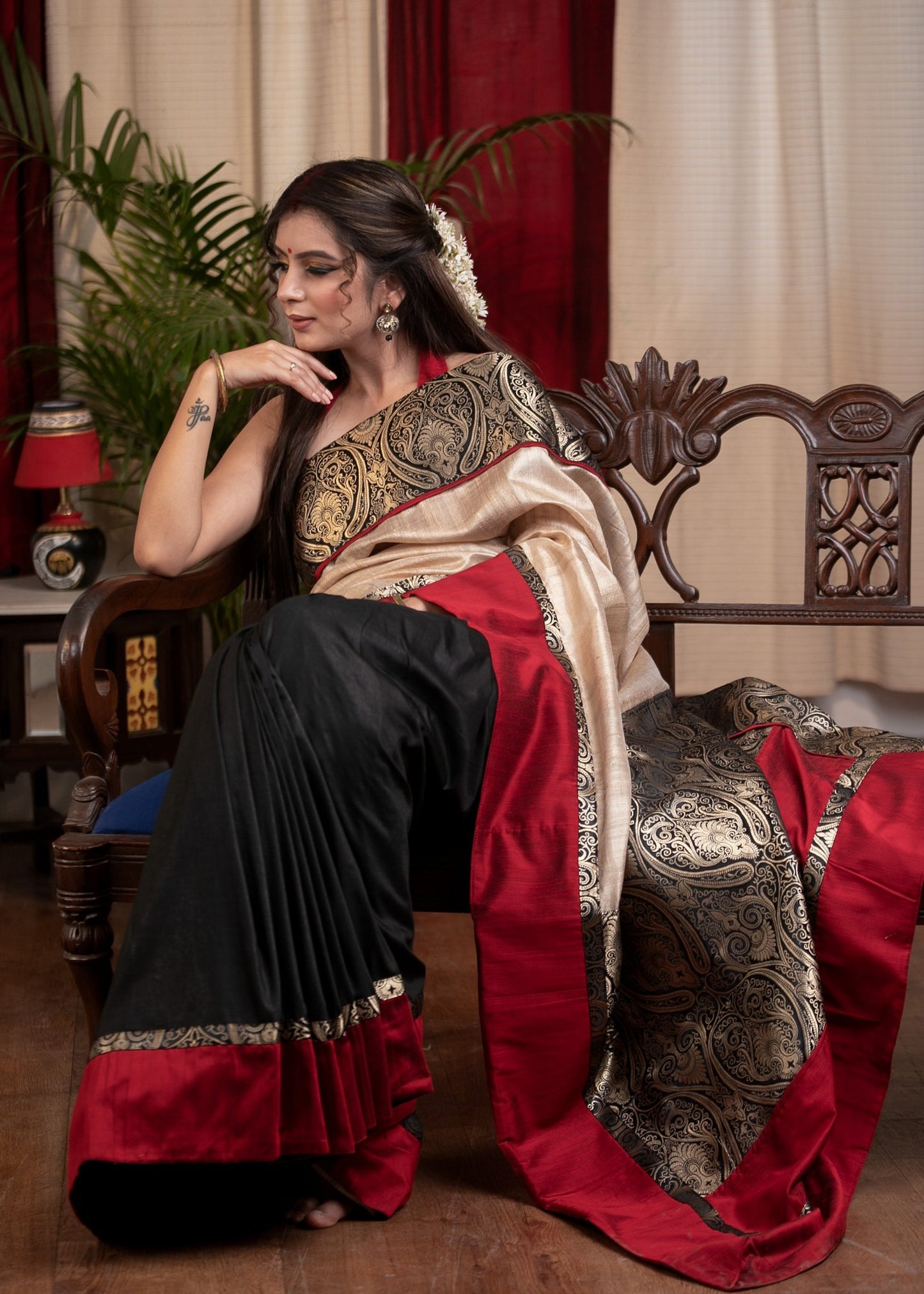 Tusser Silk & benarasi combination saree with black cotton silk pleats