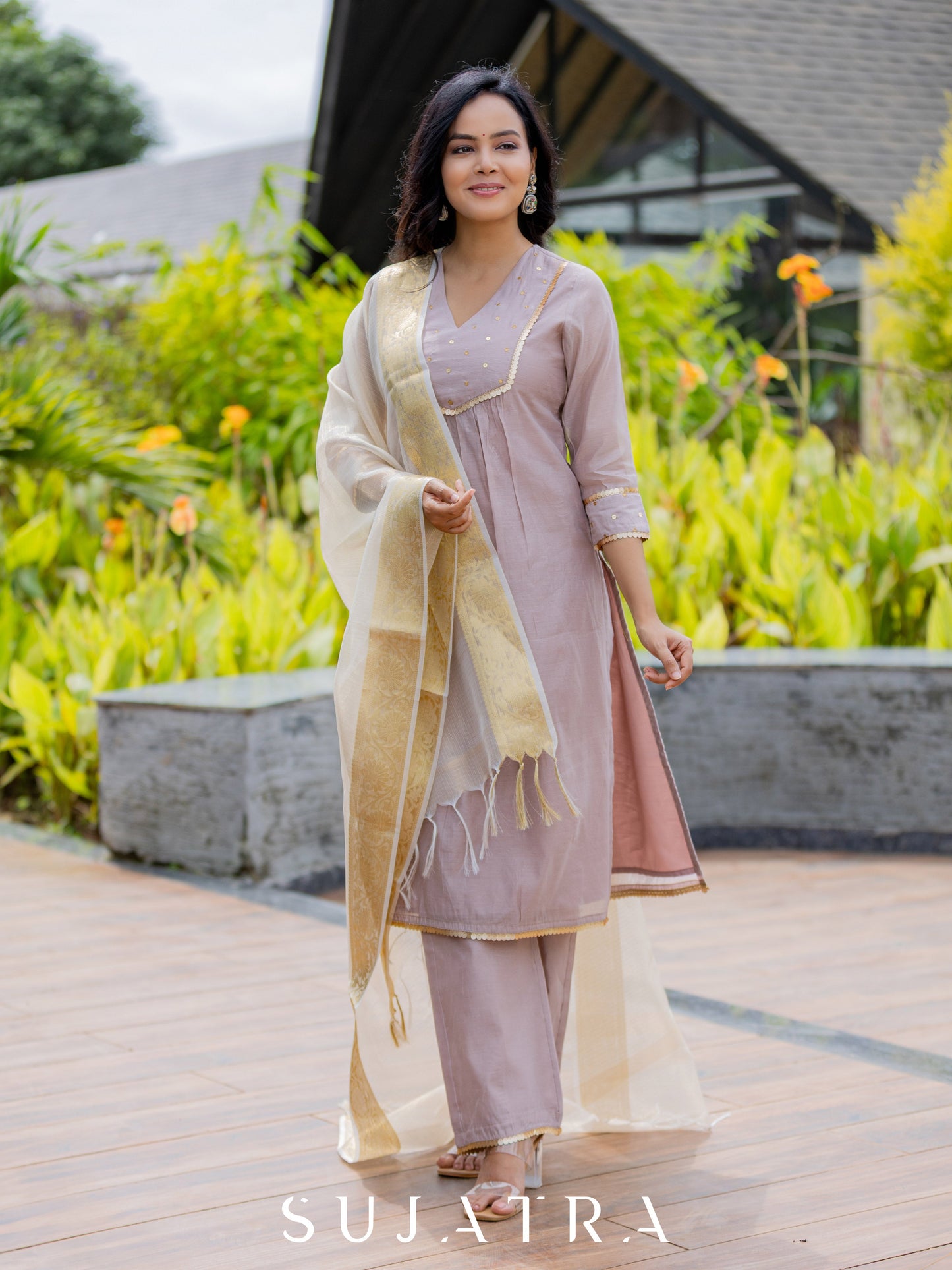 Mauve Mélange Chanderi Suit Set with Intricate Hand Embroidery