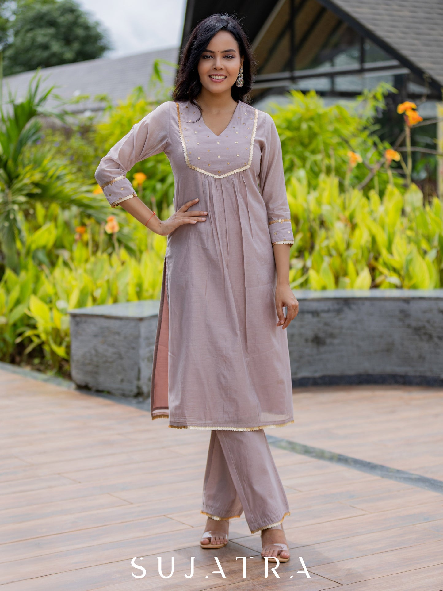 Mauve Mélange Chanderi Suit Set with Intricate Hand Embroidery
