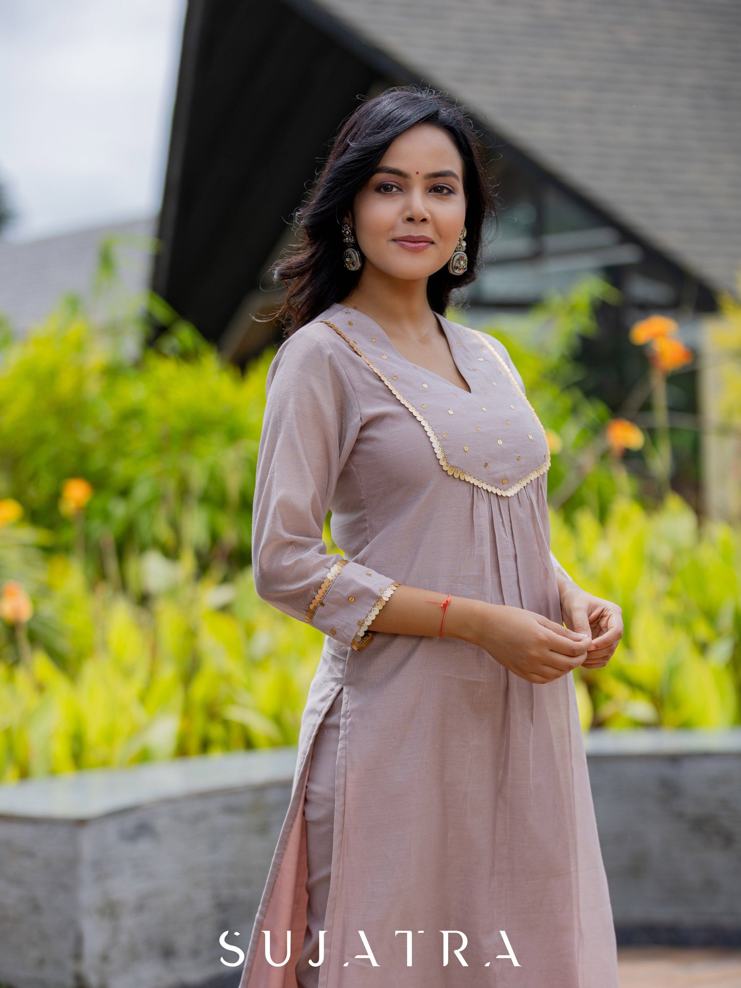 Mauve Mélange Chanderi Suit Set with Intricate Hand Embroidery