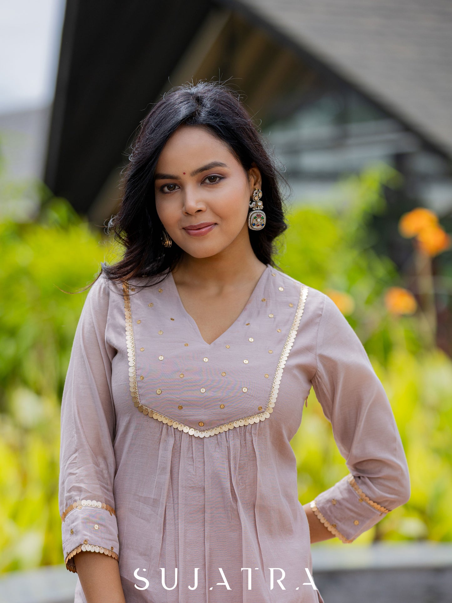Mauve Mélange Chanderi Suit Set with Intricate Hand Embroidery