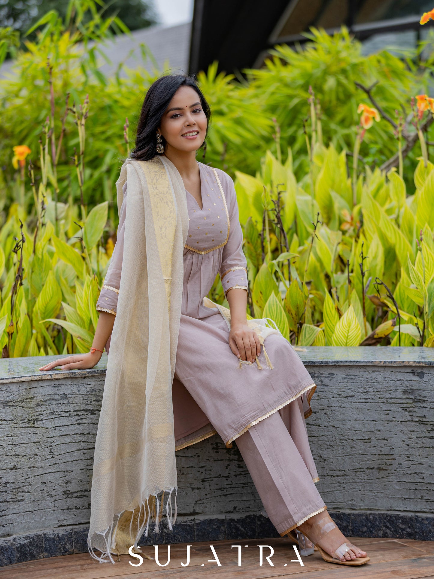 Mauve Mélange Chanderi Suit Set with Intricate Hand Embroidery