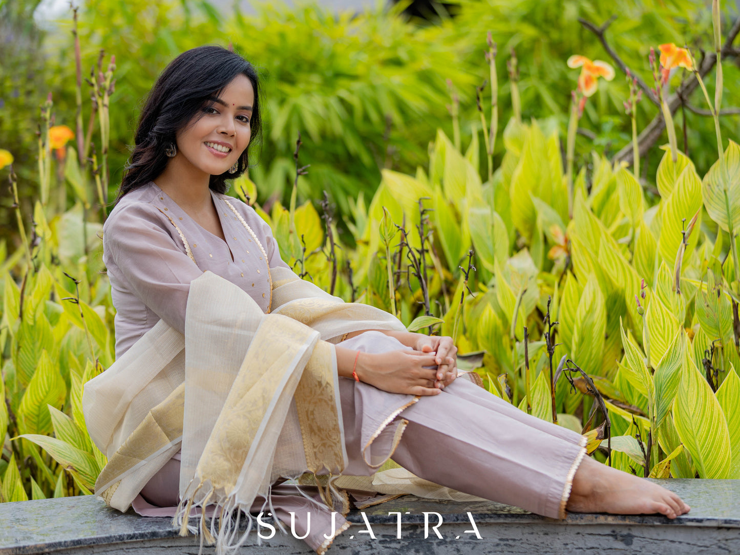Mauve Mélange Chanderi Suit Set with Intricate Hand Embroidery