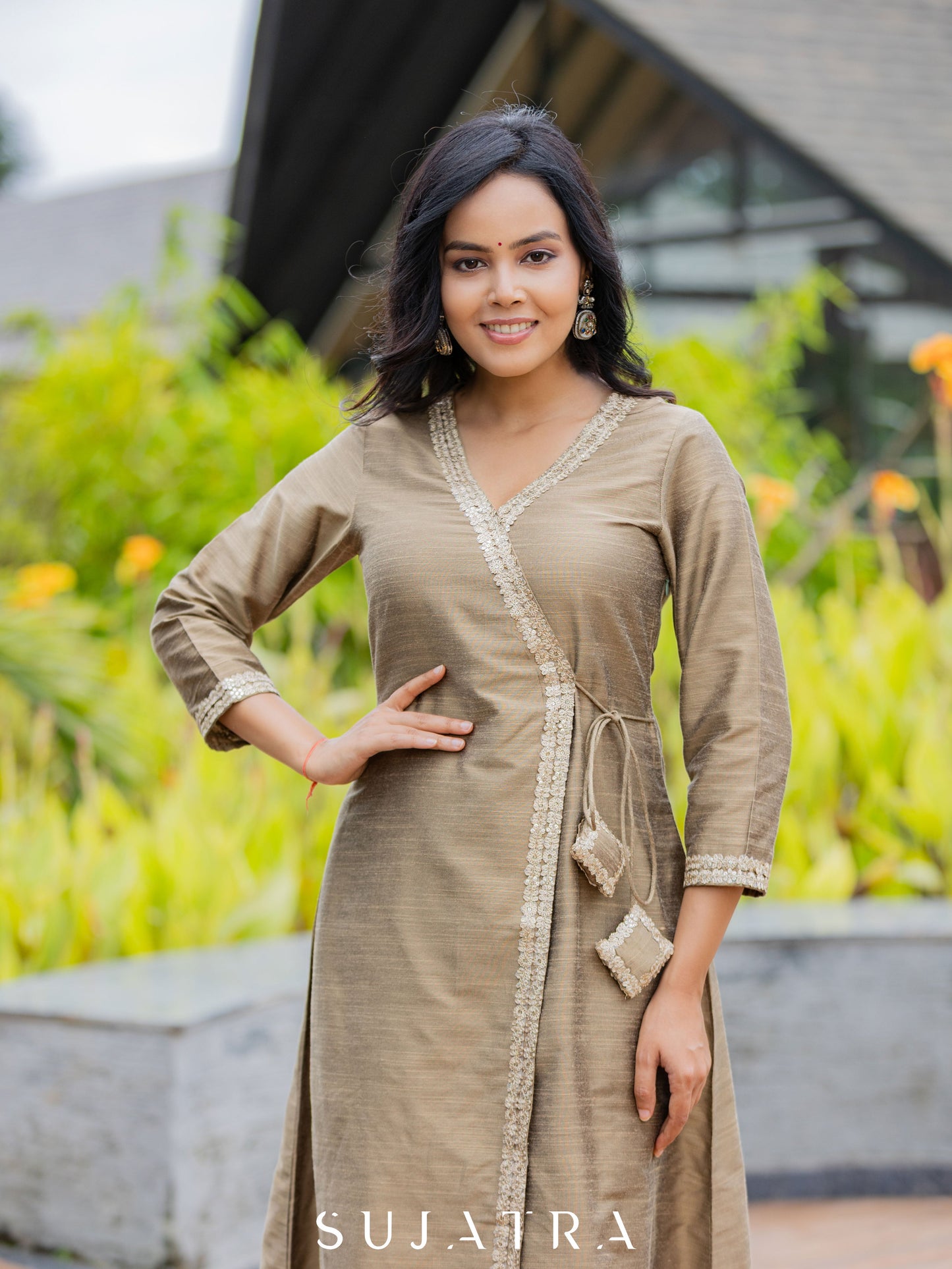 Noorani Cotton Silk Angarkha Kurta with Exquisite Tassle Detailing