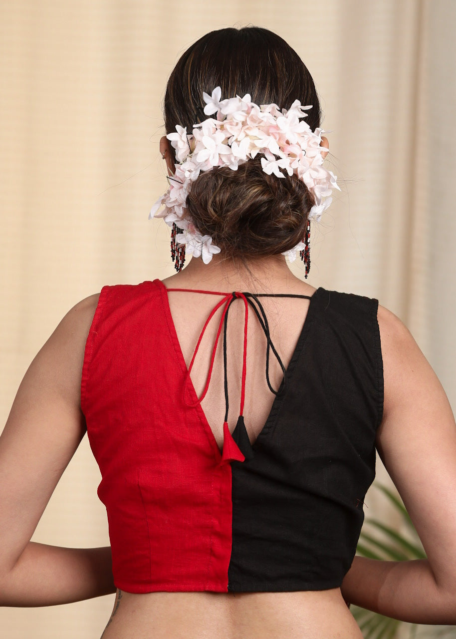 Elegant Half & Half Slub Cotton Sleeveless Blouse with Pin Tuck All Over