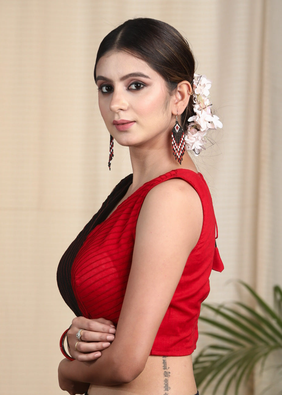 Elegant Half & Half Slub Cotton Sleeveless Blouse with Pin Tuck All Over