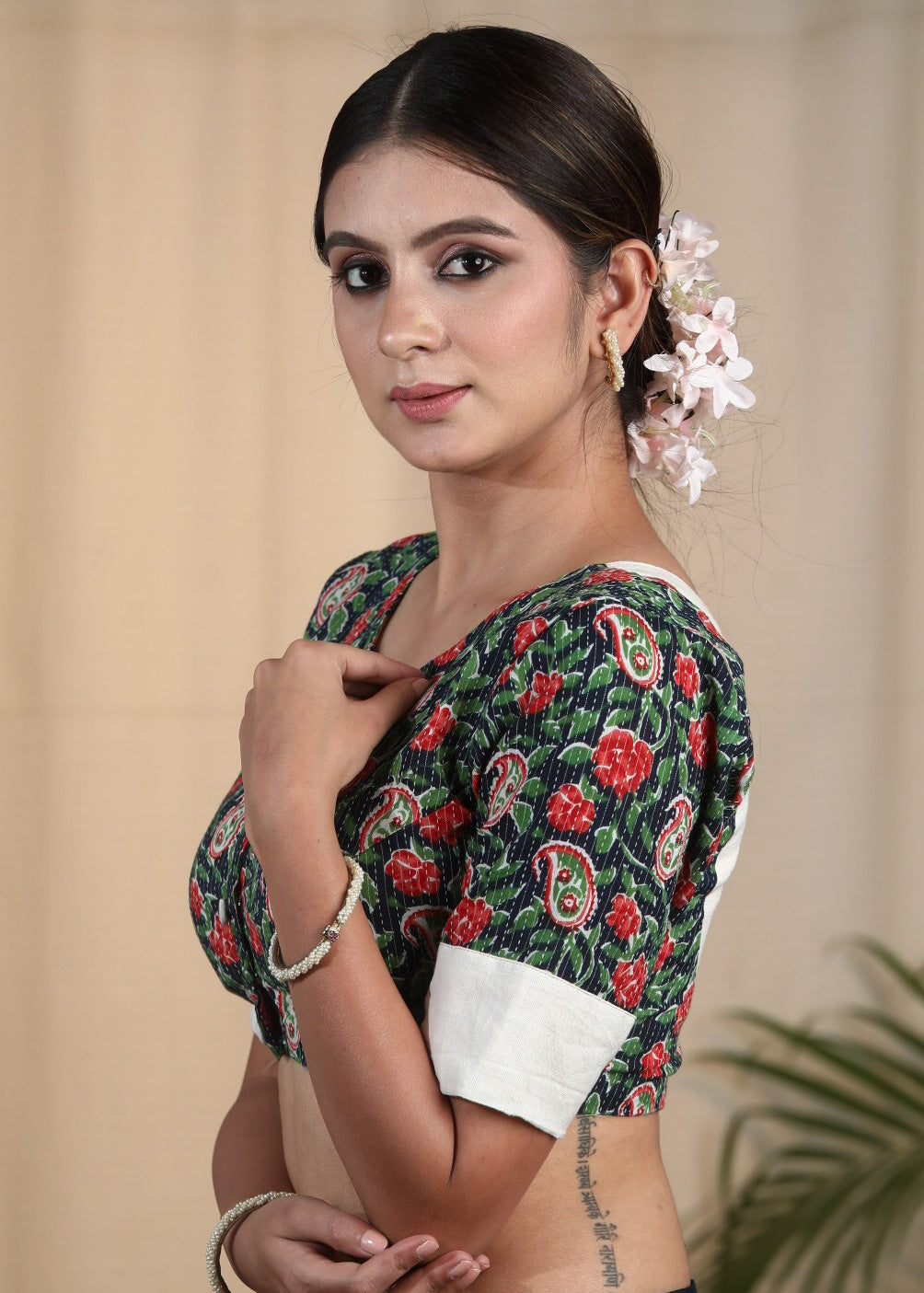 Graceful Cotton Block Printed Blouse with Kantha Stitches and Cotrast Yoke at the Back