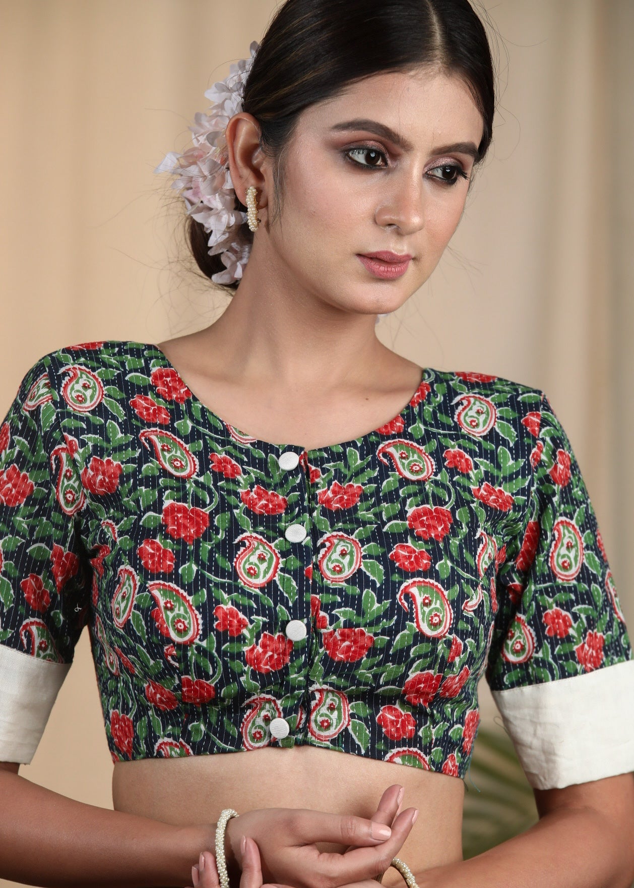 Graceful Cotton Block Printed Blouse with Kantha Stitches and Cotrast Yoke at the Back