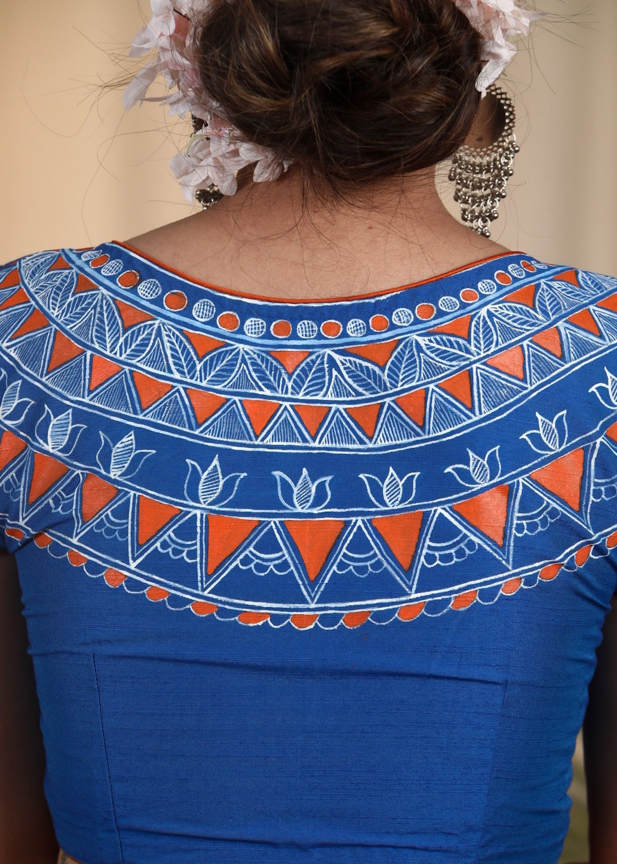Graceful Blue Cotton Silk Blouse with Artistic Geometric painting work