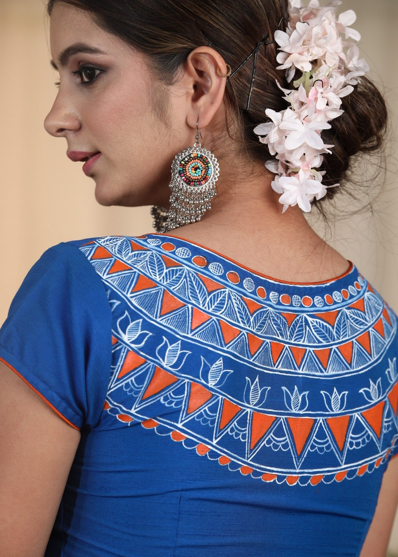 Graceful Blue Cotton Silk Blouse with Artistic Geometric painting work