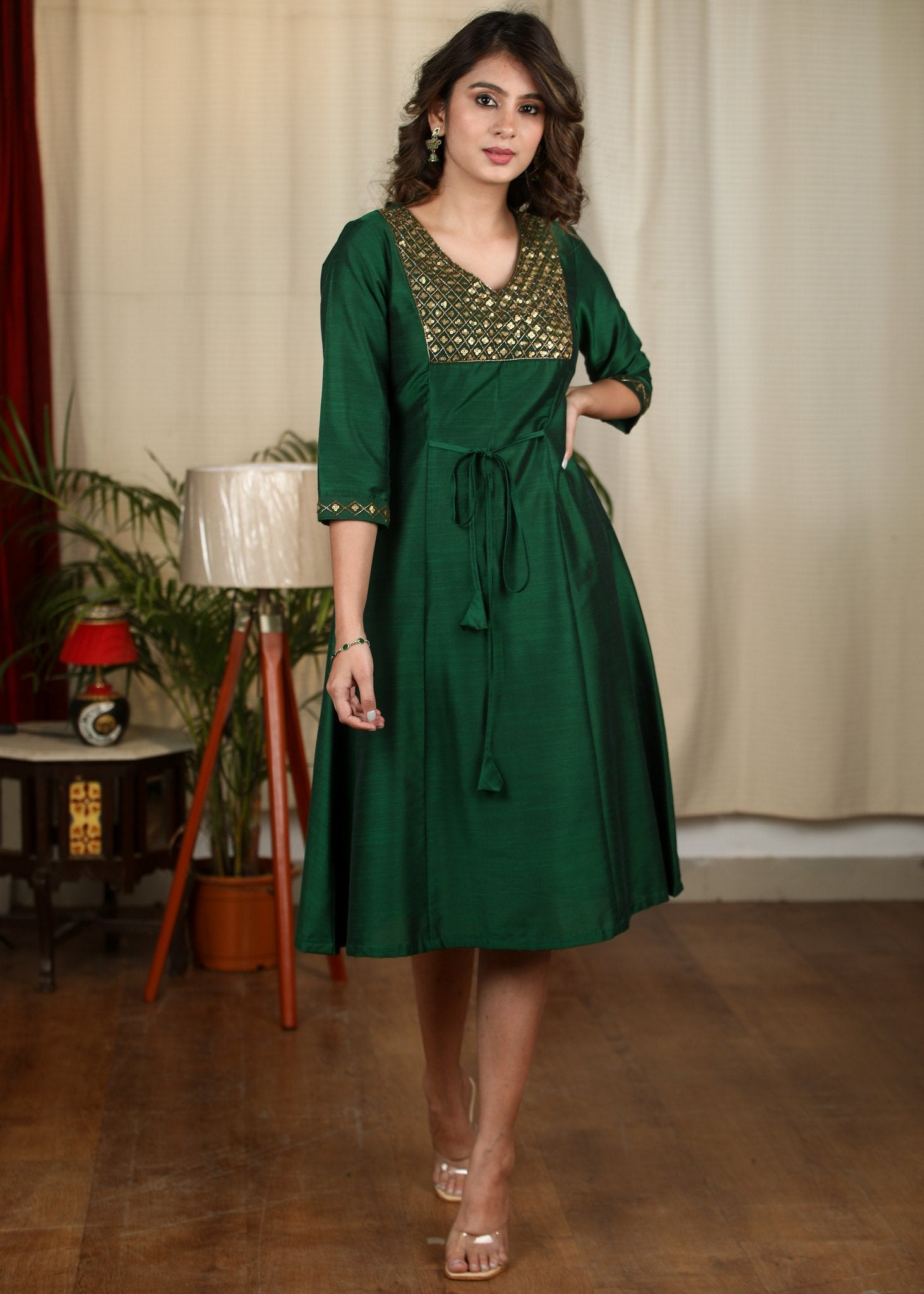 Forest green cotton silk one piece dress with exclusive hand embroidered  yoke
