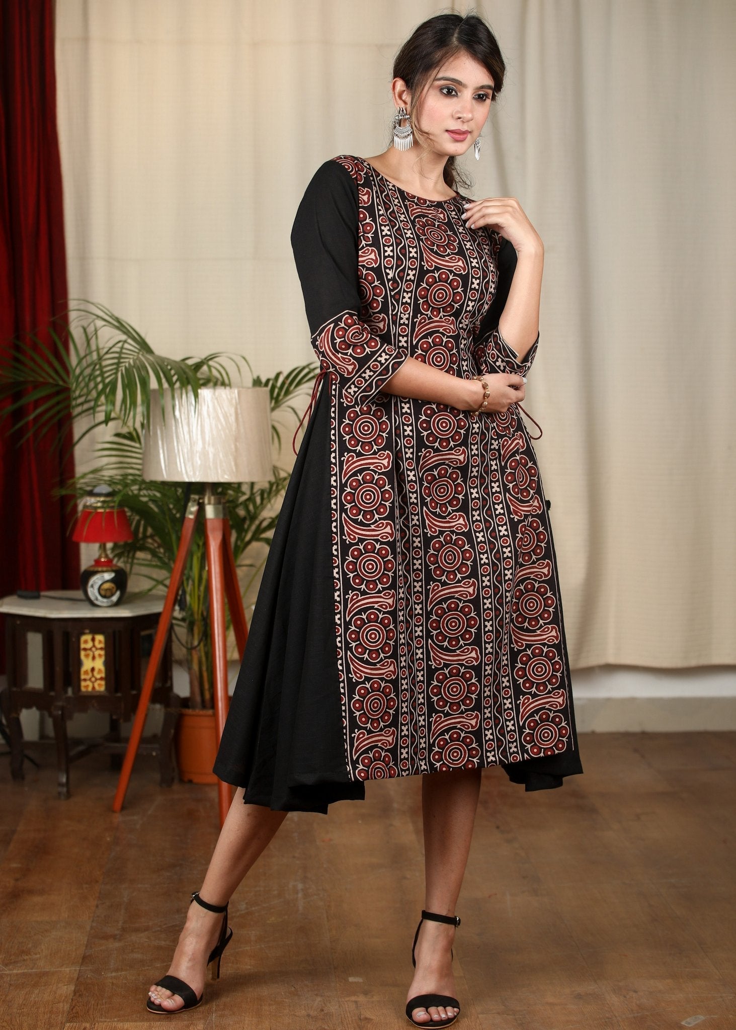 Black cotton dress with Ajrakh panel in front – SujatraCA