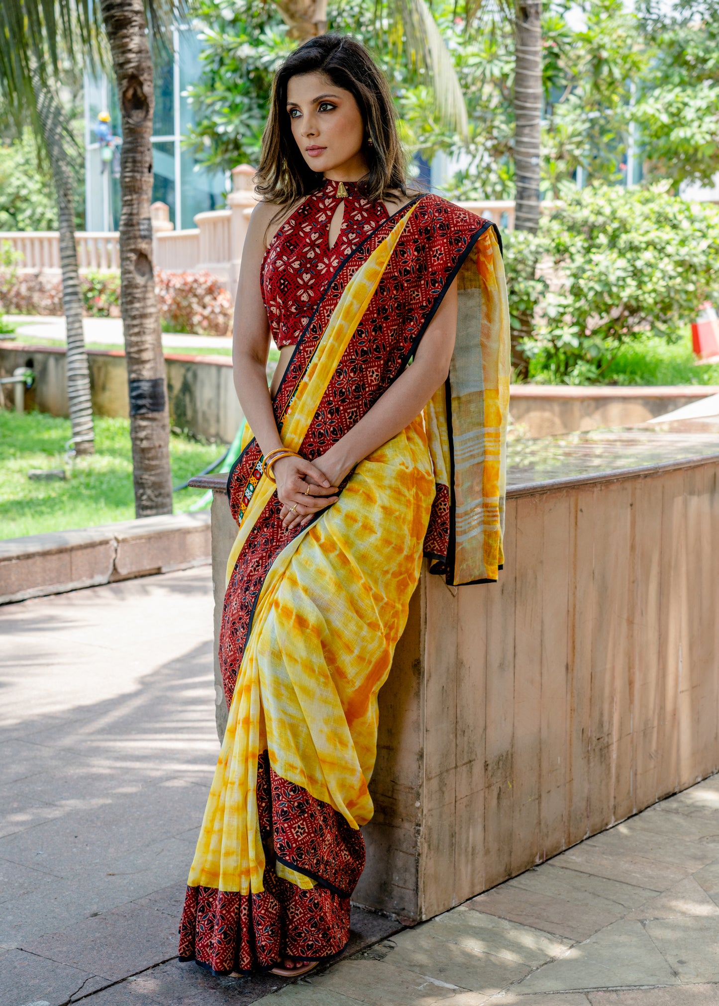 Exclusive Linen shibori blouse with Ajrakh & Kutchi Mirror work border