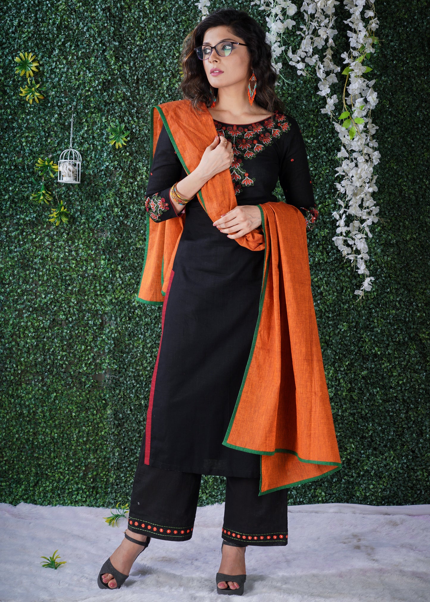 Black Cotton Kurta with embroidery on yoke & sleeves with Pant and Dupatta