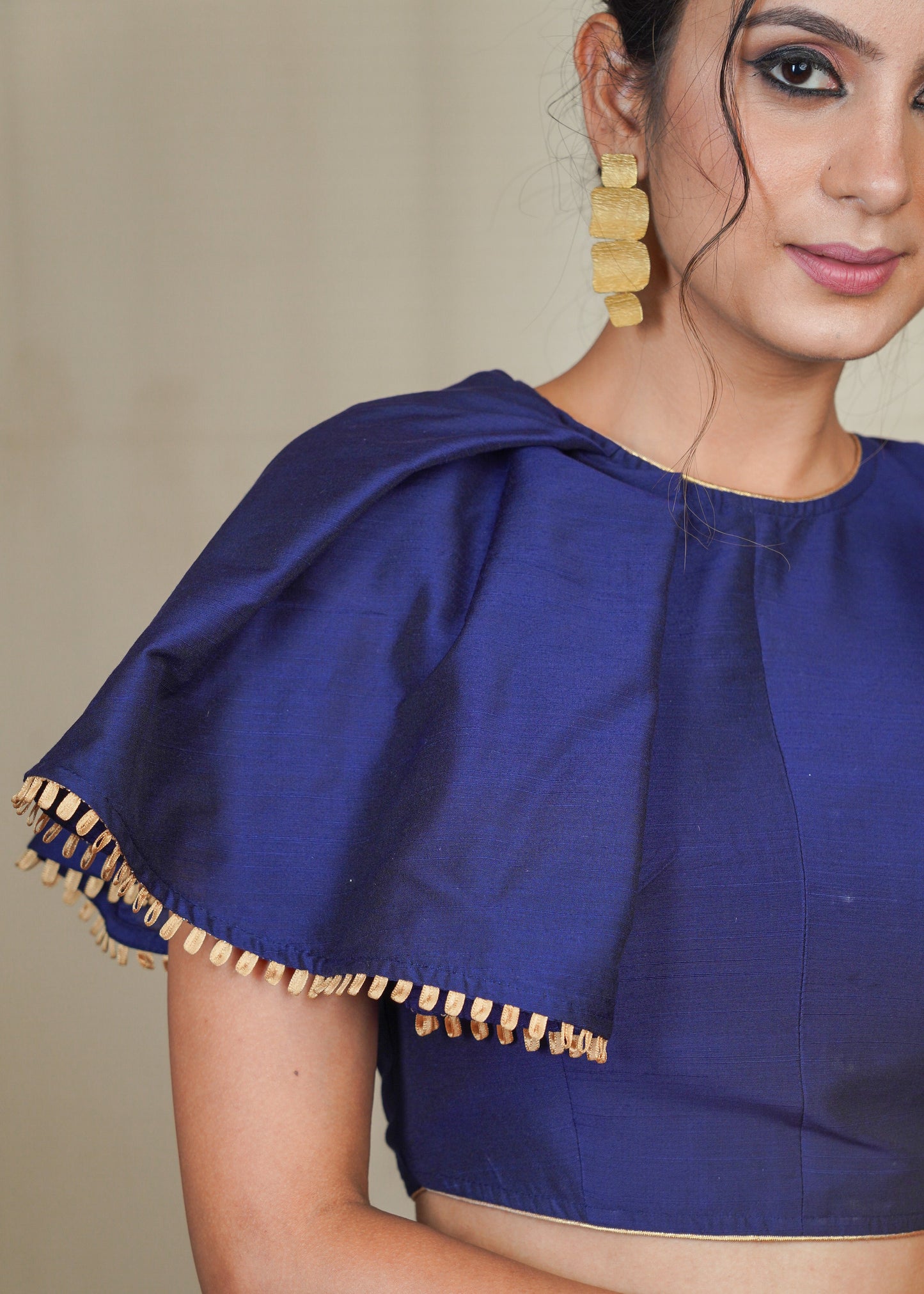 Blue cotton silk Smart Blouse / Crop Top with flaired laced designer sleeves on the right side