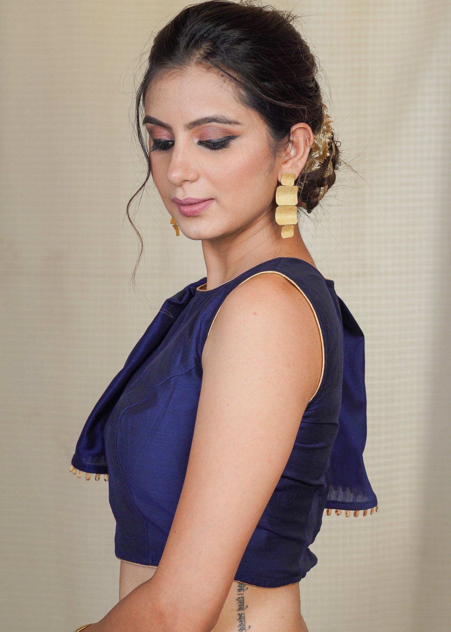 Blue cotton silk Smart Blouse / Crop Top with flaired laced designer sleeves on the right side