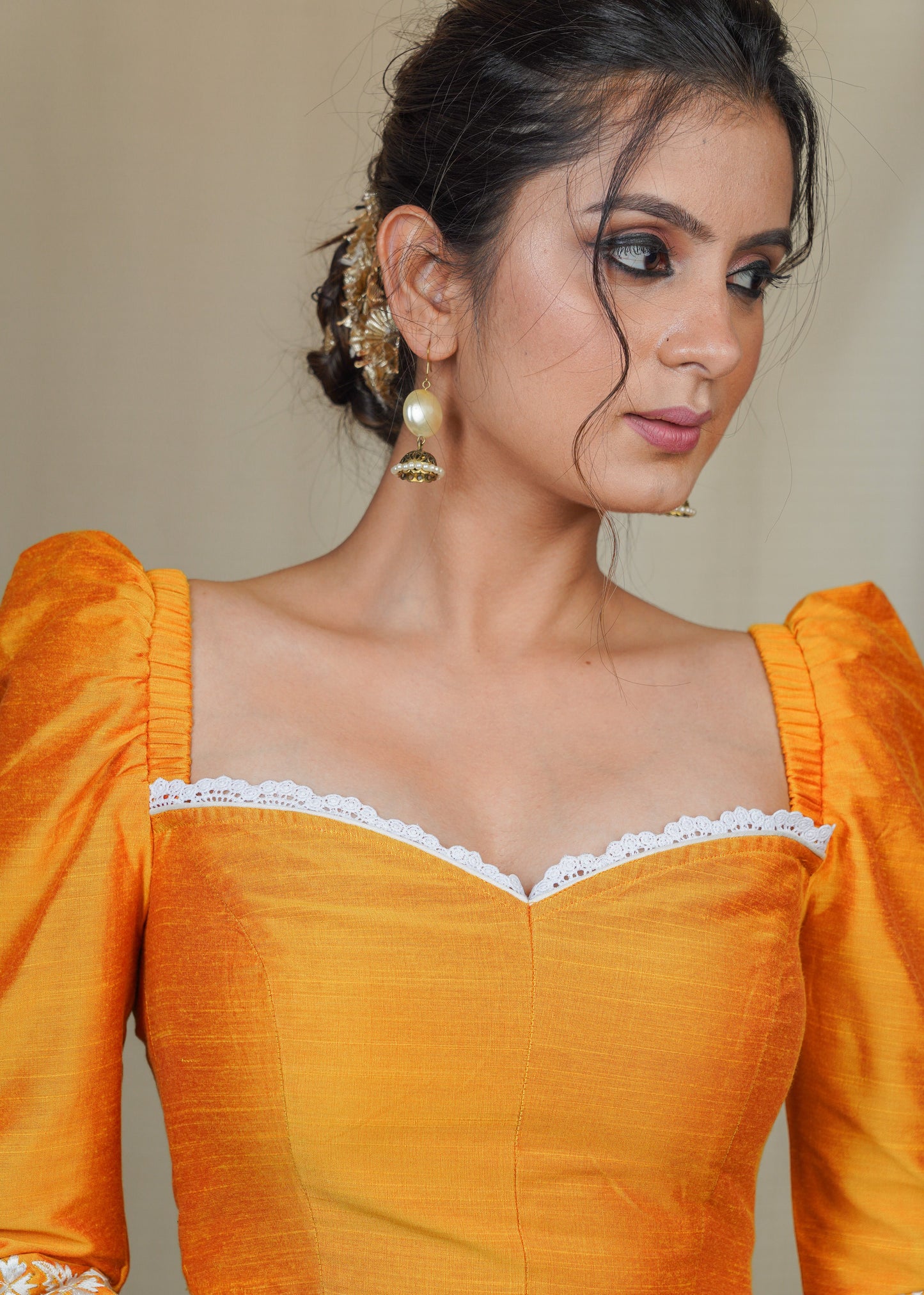 Yellow Cotton Silk Blouse with Exclusive Embroidery on the Gathered sleeves