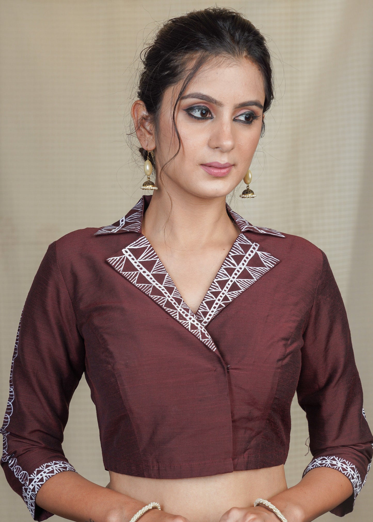 Classy Coffee Brown Collared Cotton Silk Hand Painted Blouse