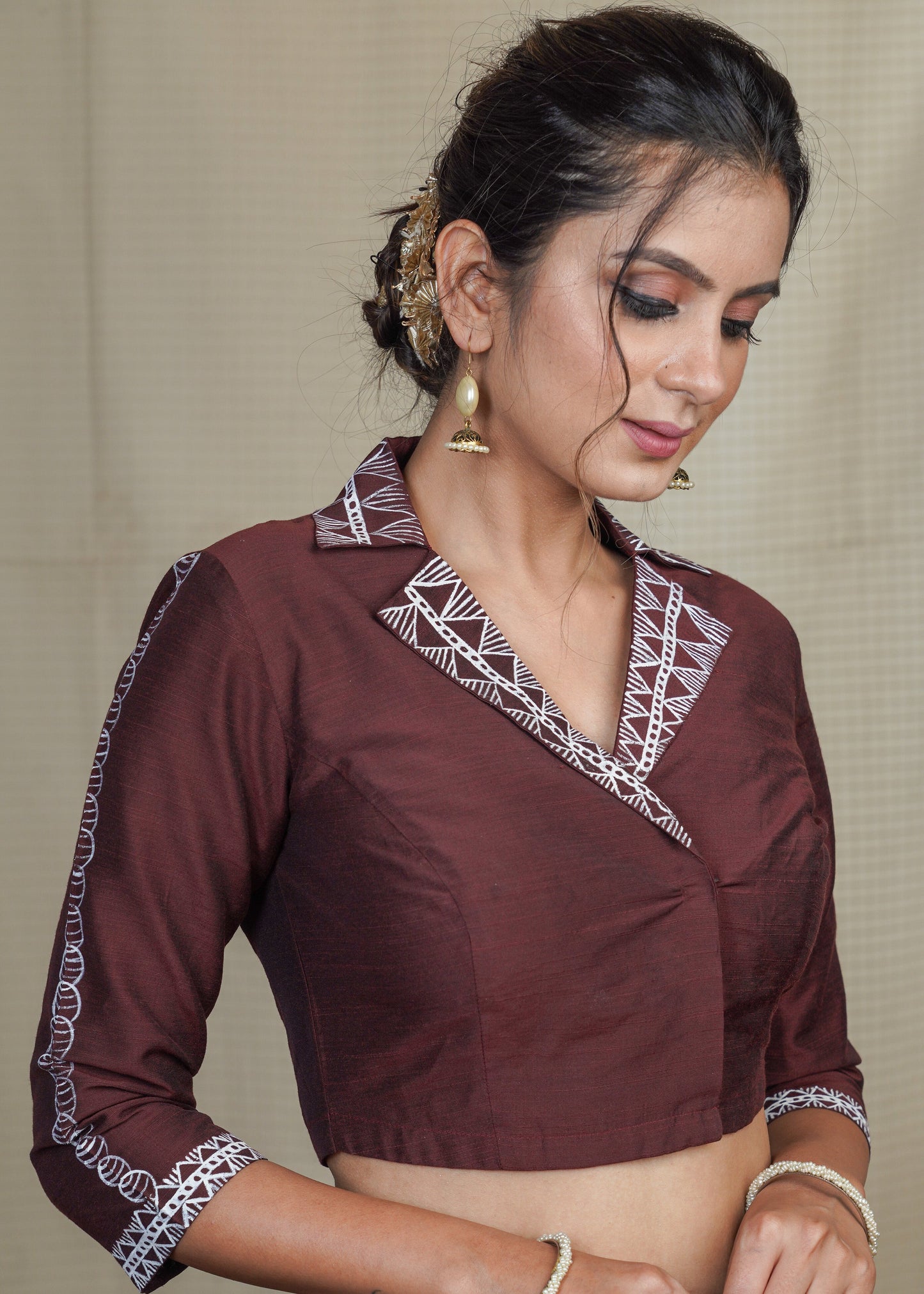 Classy Coffee Brown Collared Cotton Silk Hand Painted Blouse