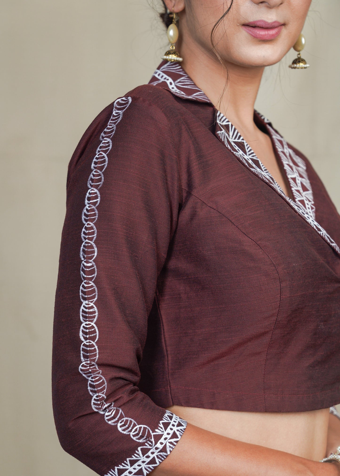 Classy Coffee Brown Collared Cotton Silk Hand Painted Blouse