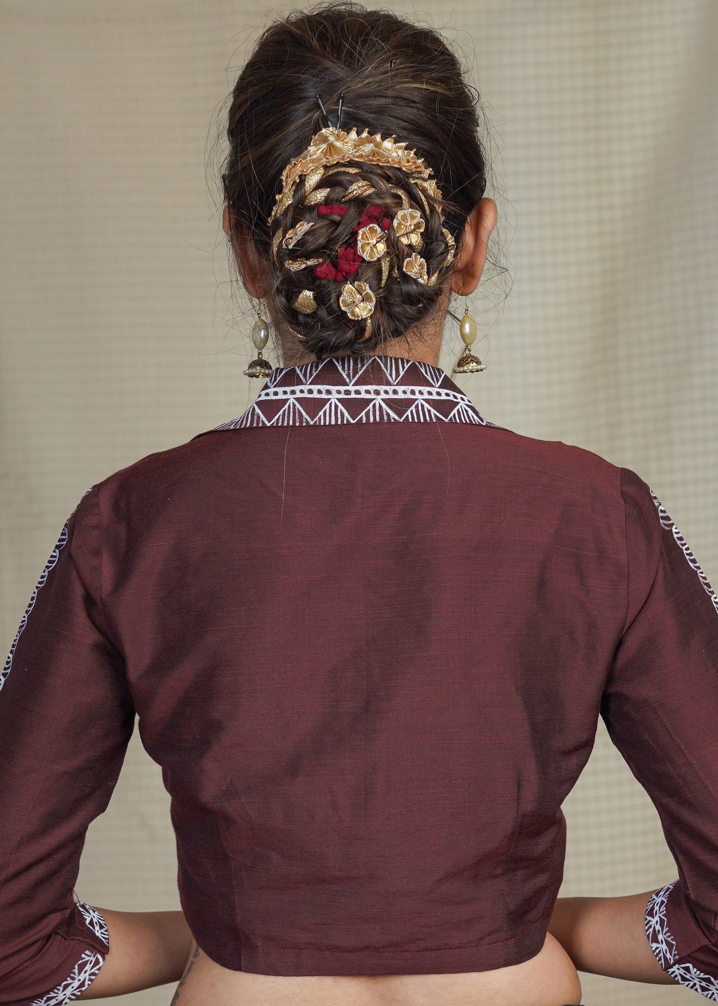 Classy Coffee Brown Collared Cotton Silk Hand Painted Blouse