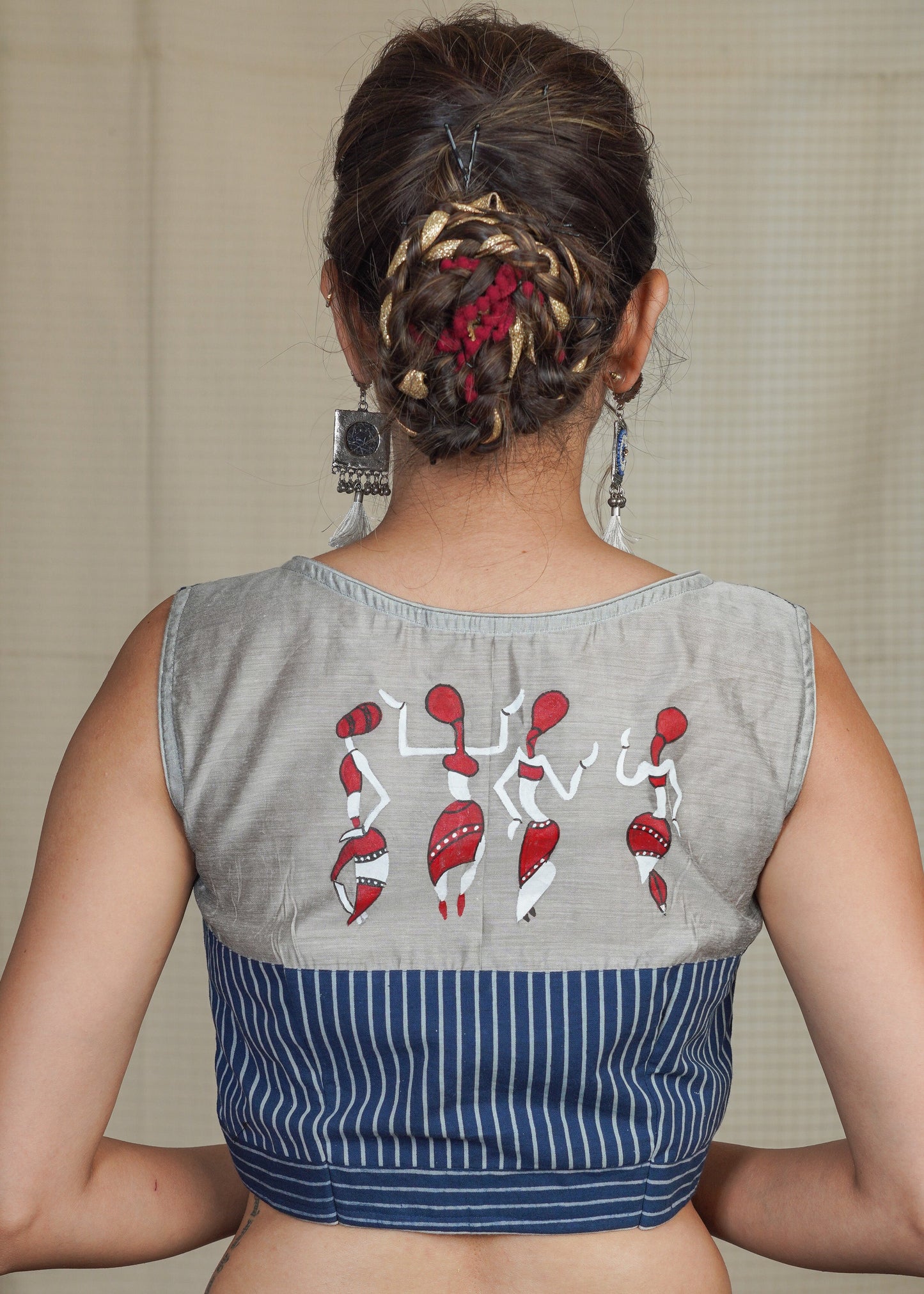 Striped Cotton Indigo Blouse with Exclusive Hand Painting on Chanderi Fabric