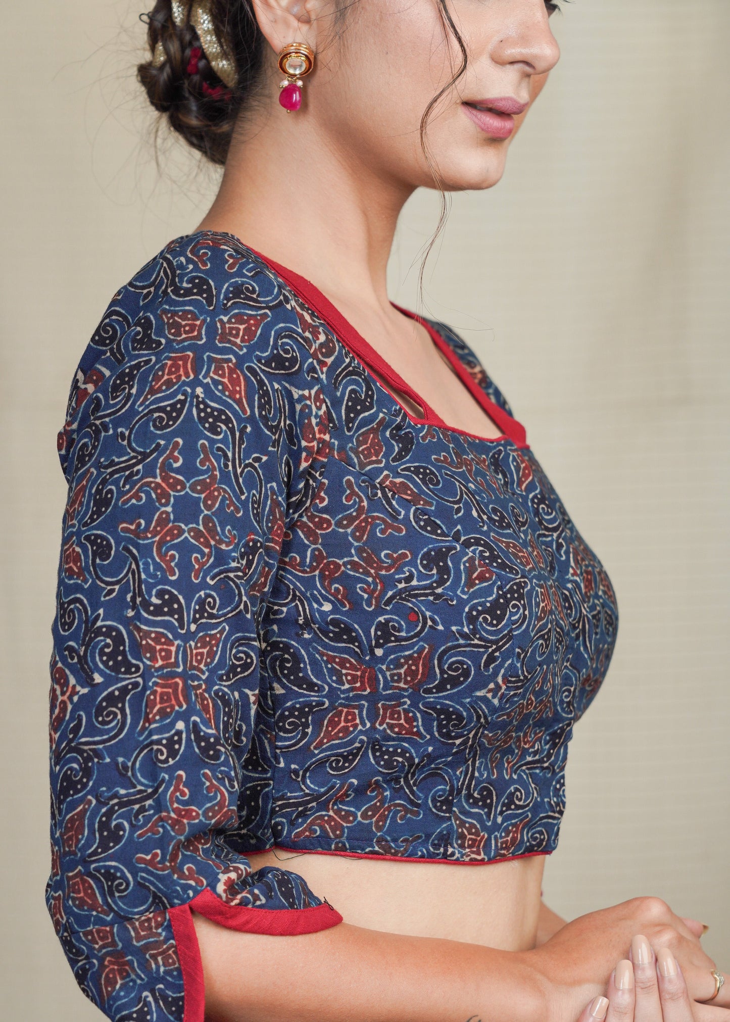 Blue Cotton Ajrakh Blouse With Maroon Straps