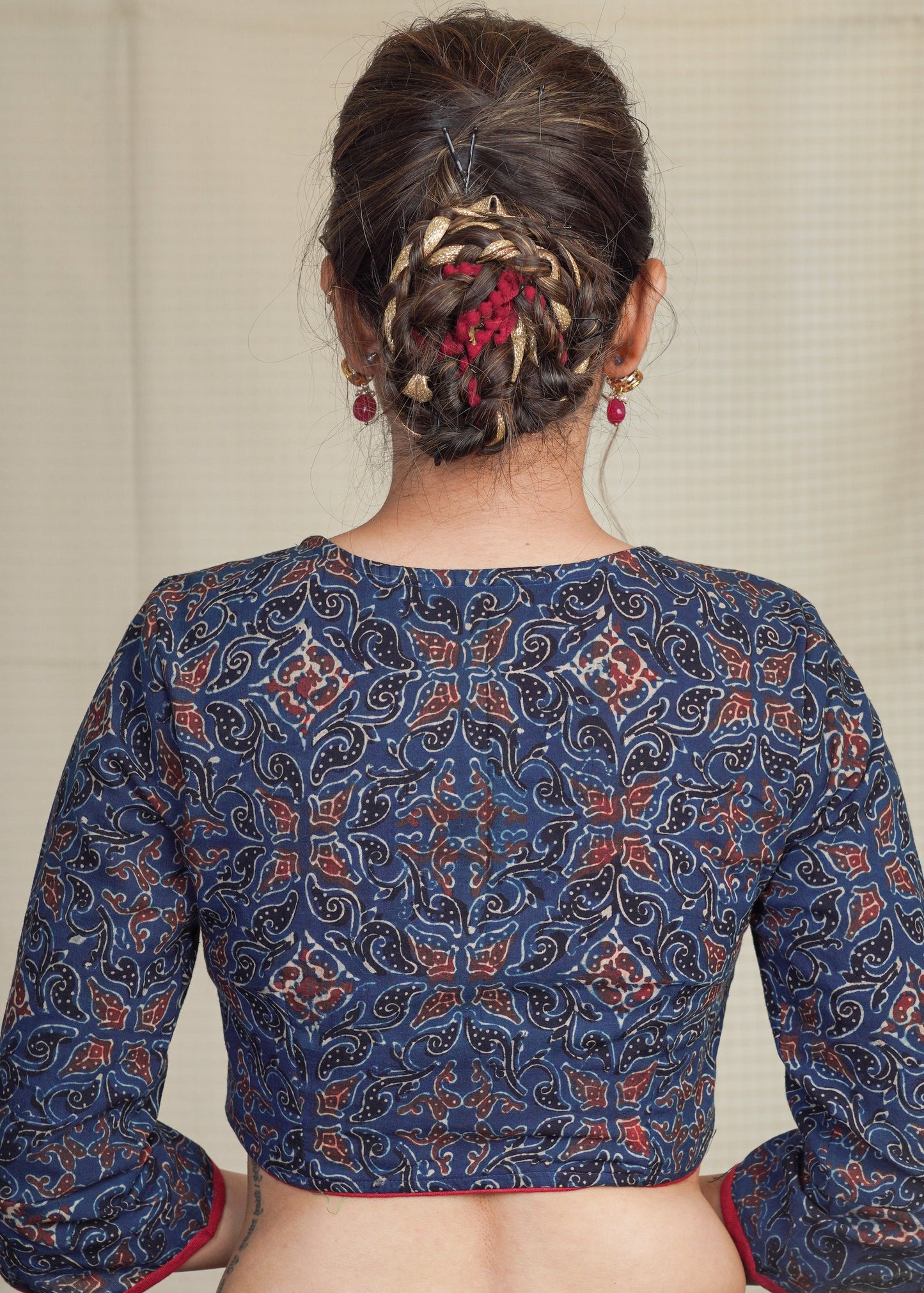 Blue Cotton Ajrakh Blouse With Maroon Straps