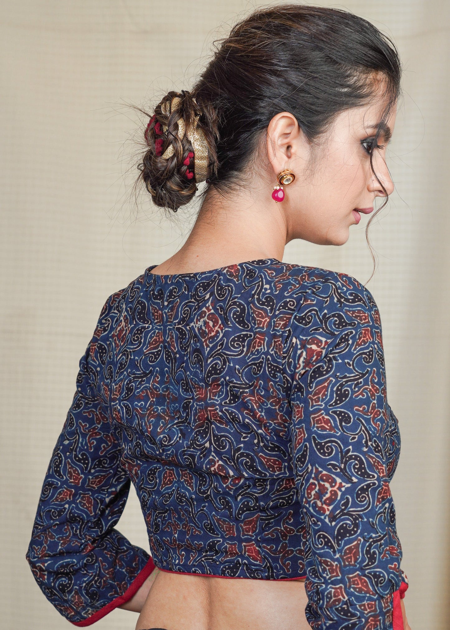 Blue Cotton Ajrakh Blouse With Maroon Straps