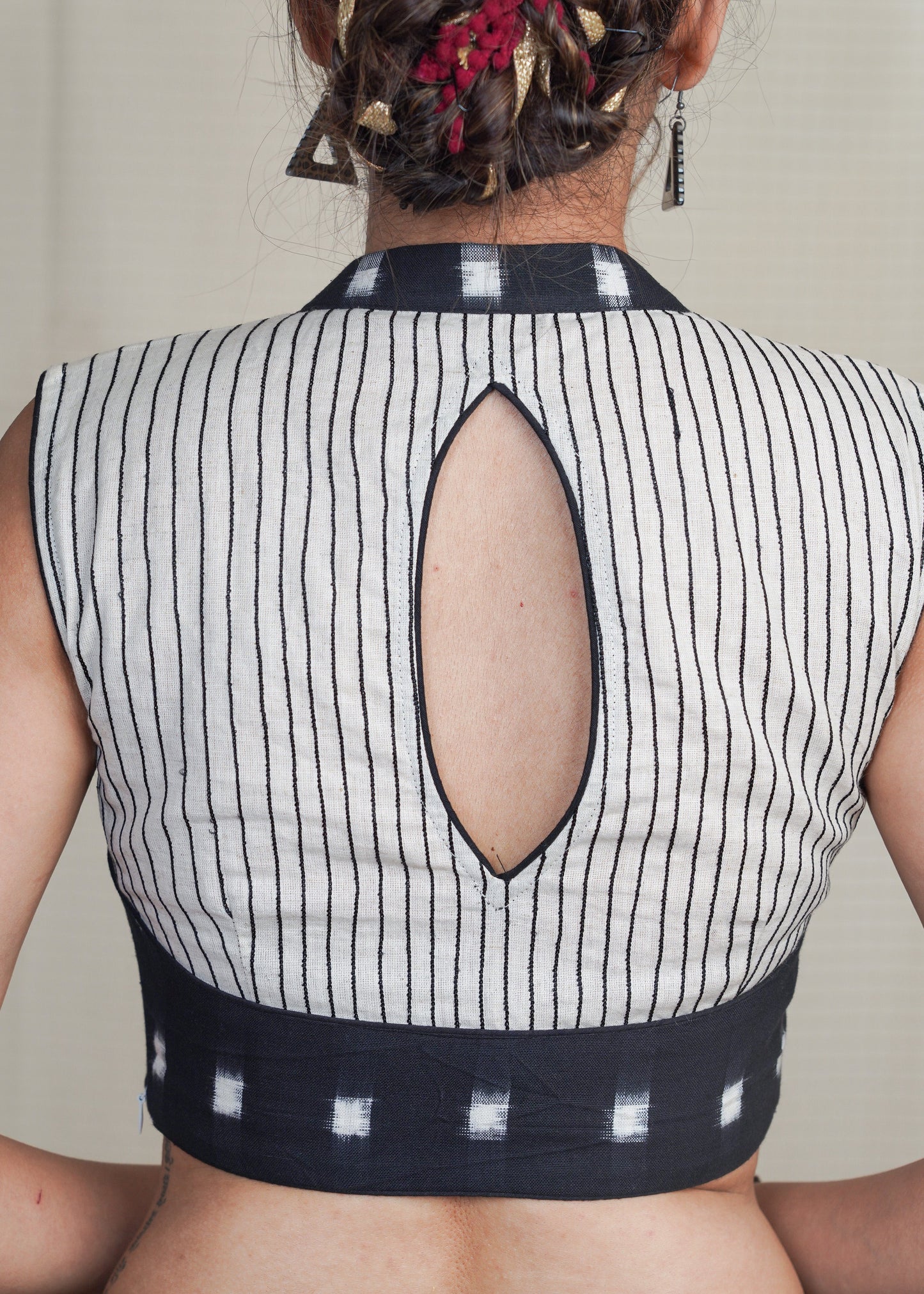 Offwhite Cotton Blouse with Embroidered Stripes all over and Ikat Collar and Hem