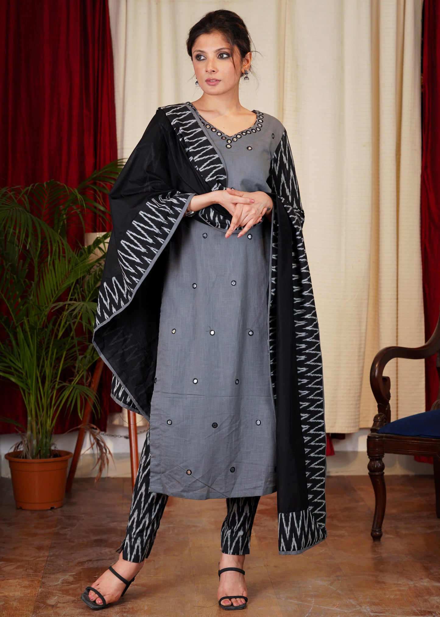 Classy Grey and Black Combination Kurta with mirror work embroidery with Chanderi Dupoatta - 2 Pc