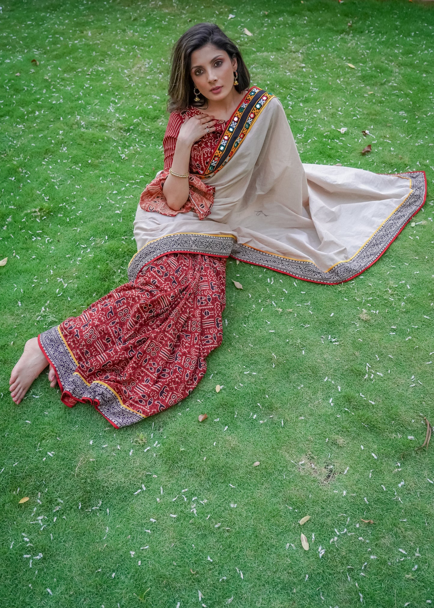 Elegant Ajrakh cotton saree with Kutch mirror work border