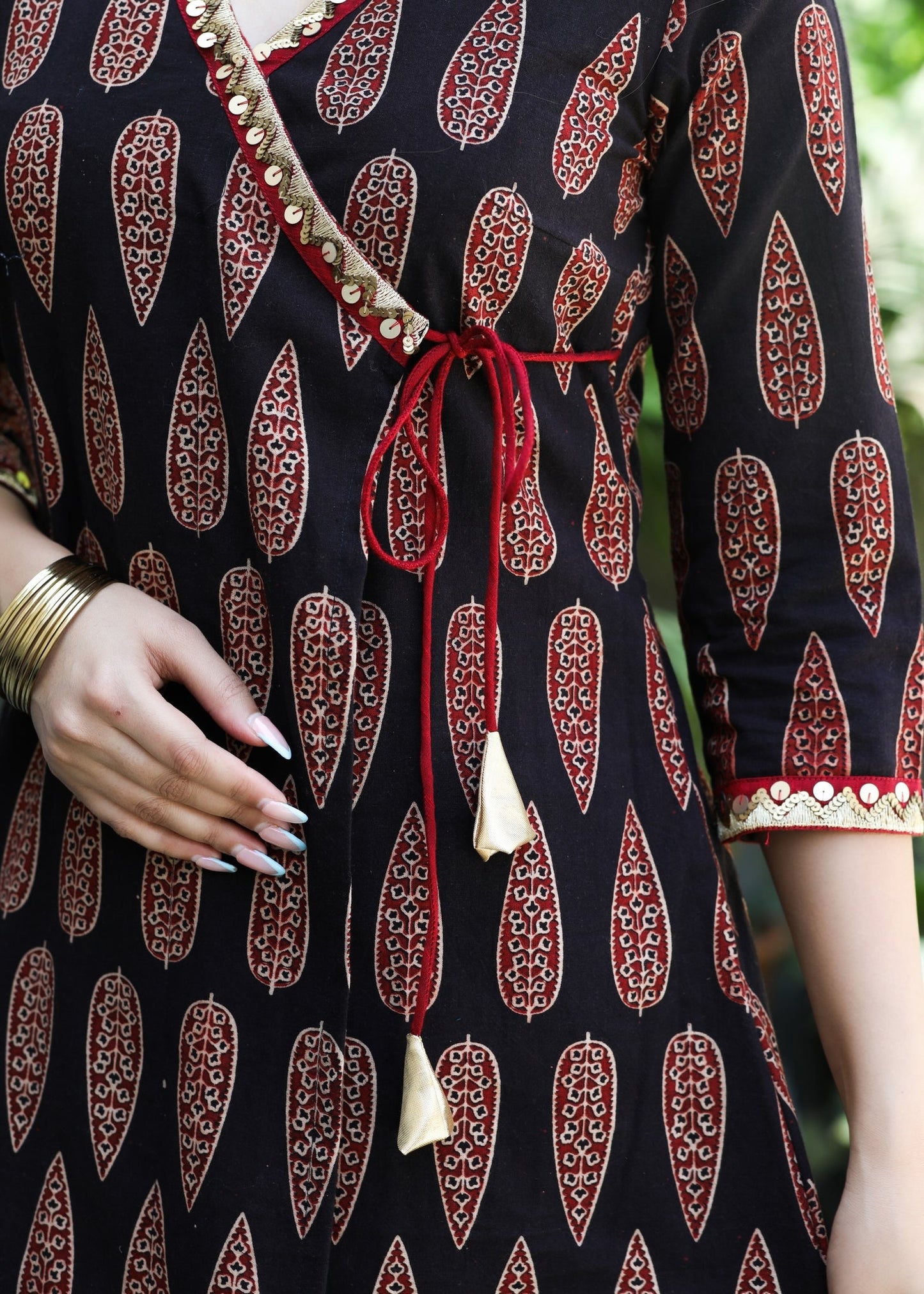 Trendy Black Cotton Ajrakh with Mustard Hand Embroidery and Red Patti - Pant Optional
