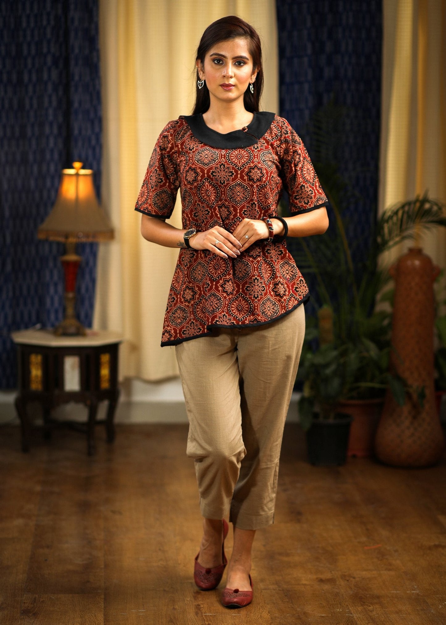 Maroon asymmetrical Ajrakh printed designer top
