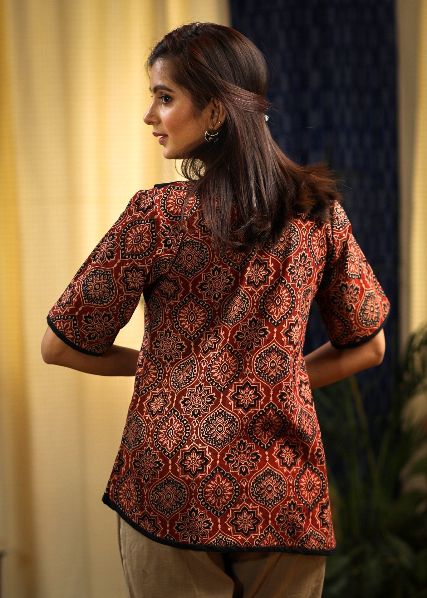 Maroon asymmetrical Ajrakh printed designer top