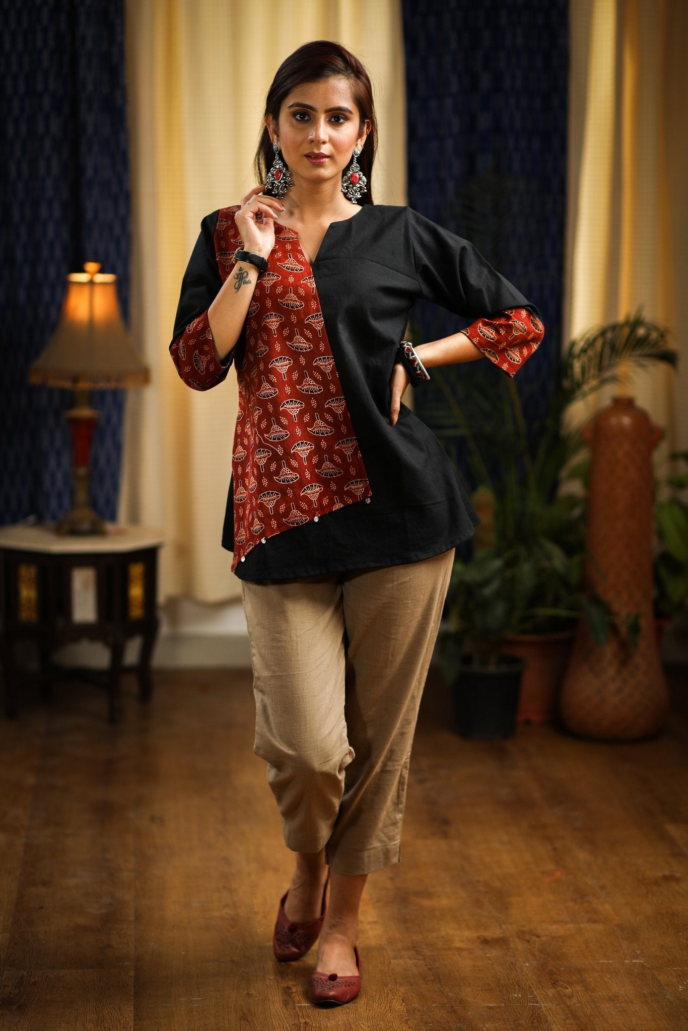 Black handloom cotton & Ajrakh combination top