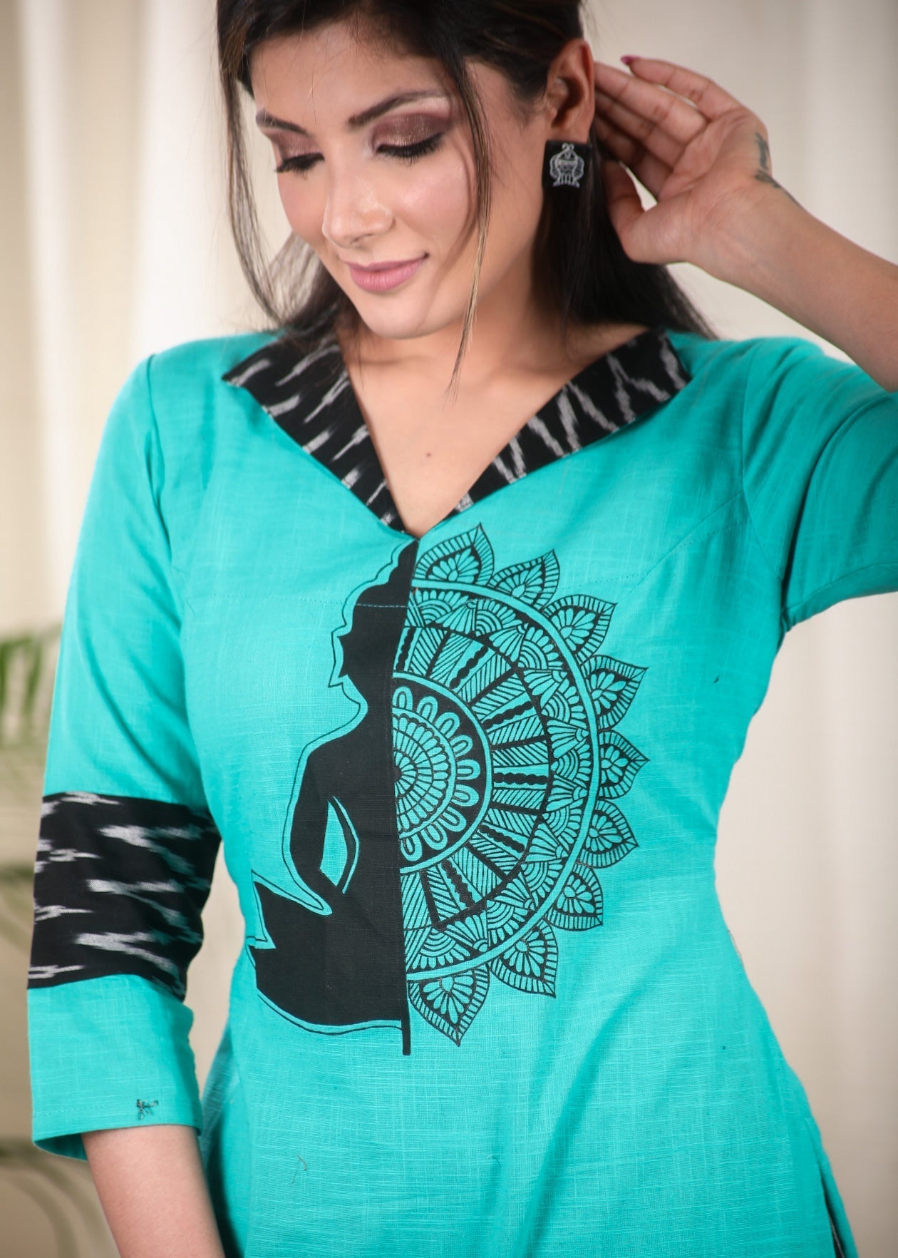 Aqua Color Cotton Kurta with Ikat and Beautifully Hand Painted motif meditation