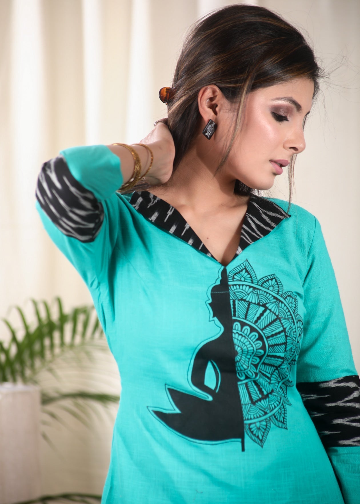 Aqua Color Cotton Kurta with Ikat and Beautifully Hand Painted motif meditation