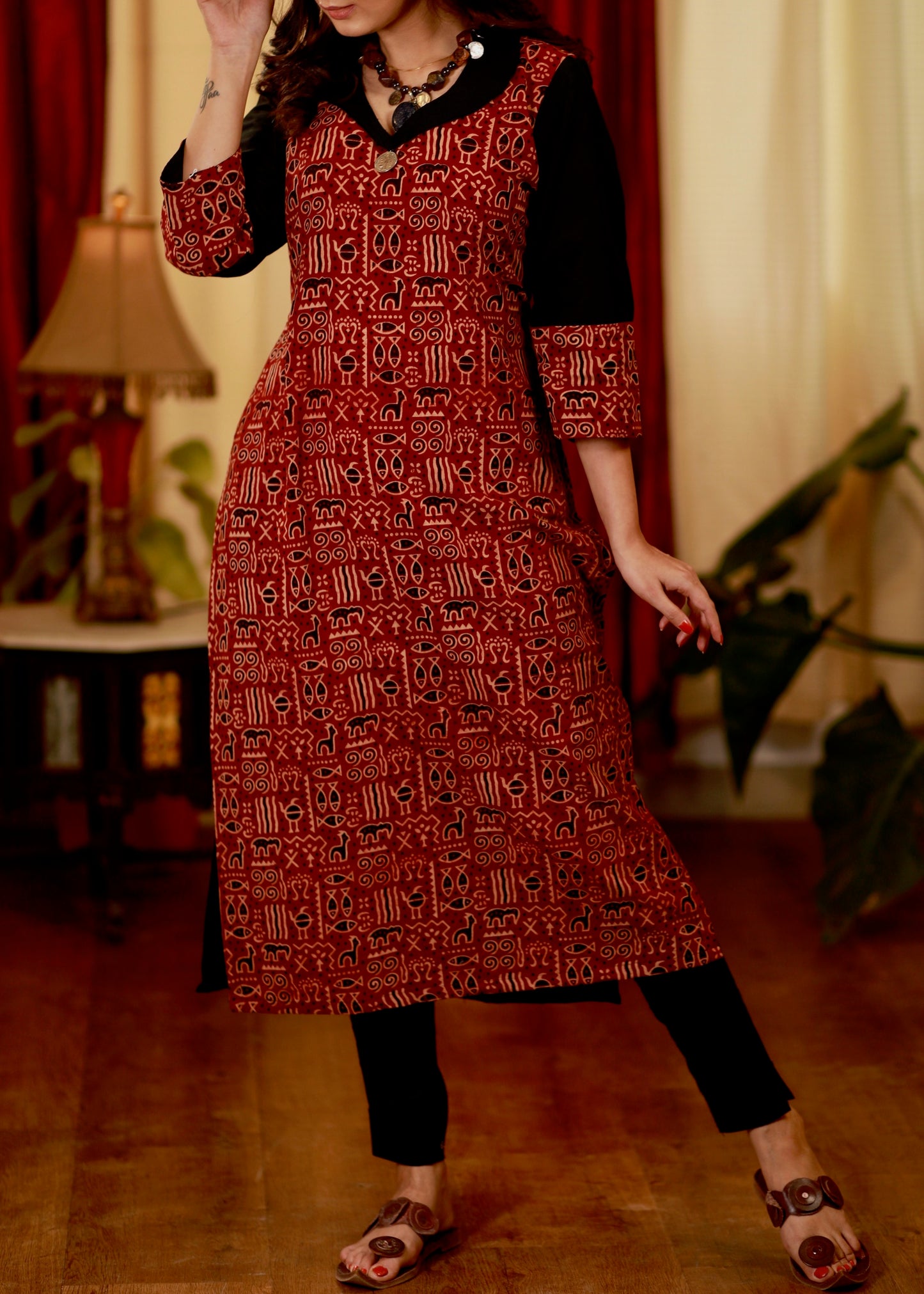 Straight Cut Cotton Ajrakh Kurta with Smart Collars
