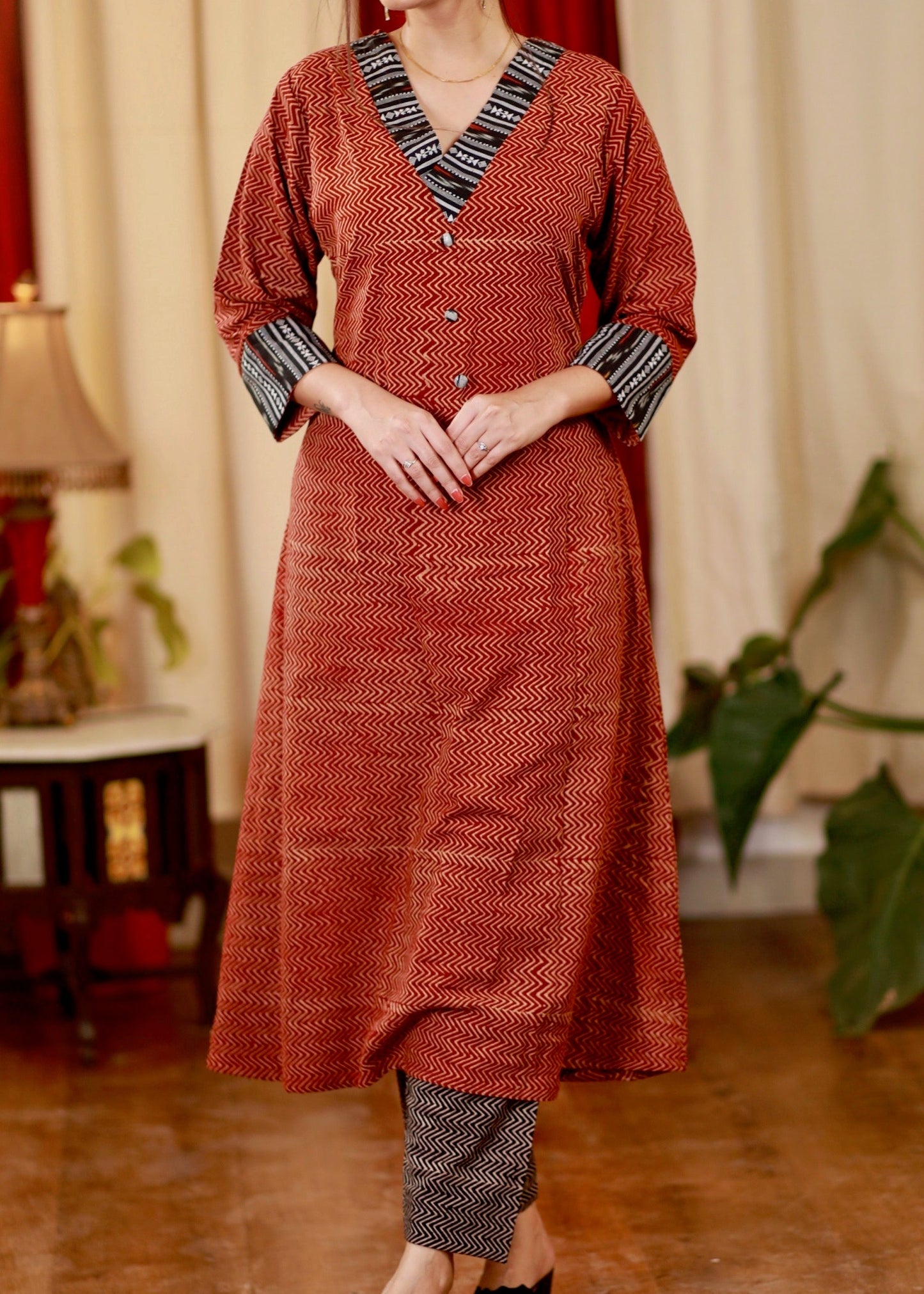 A - line Cotton Ajrakh Kurta with Ikat Details