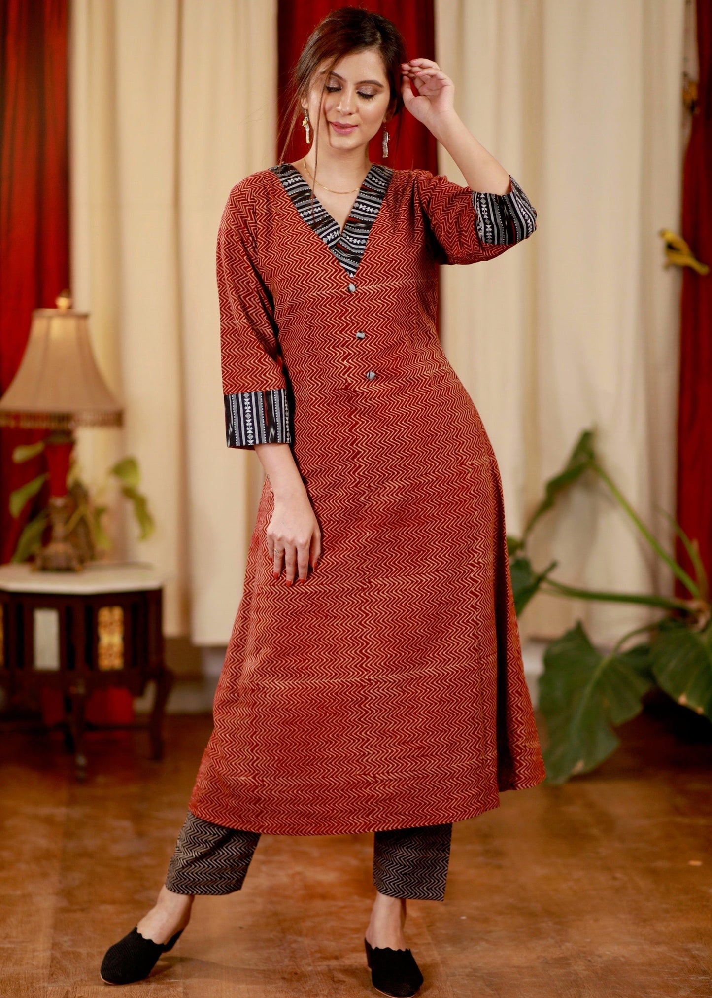 A - line Cotton Ajrakh Kurta with Ikat Details