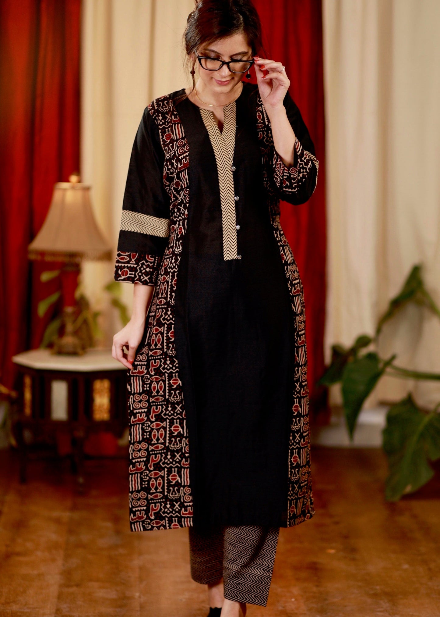 Straight cut Cotton Ajrakh Kurta with Contrast Ajrakh Neck Line